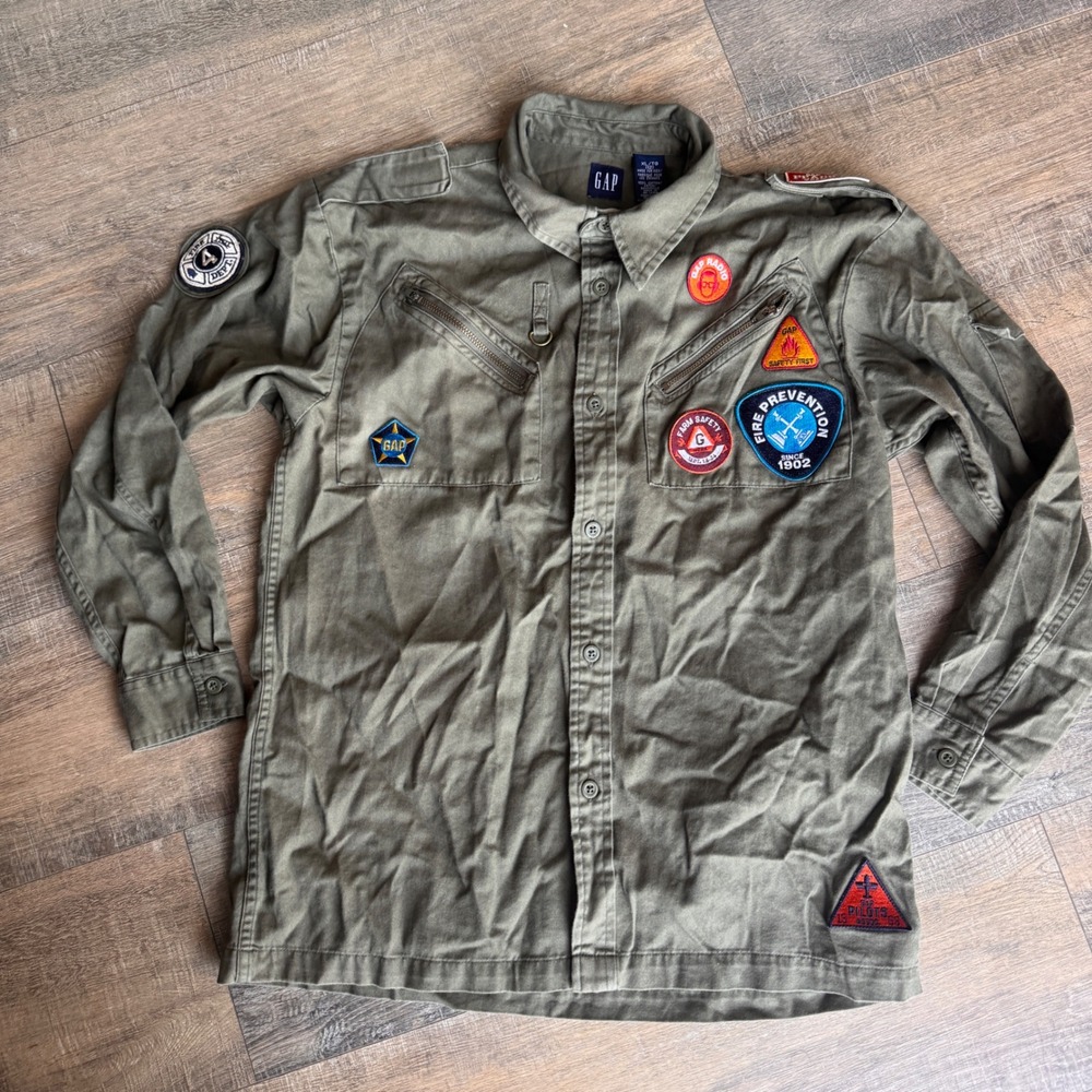 Vintage Y2K Gap Kids Olive Green Military Fire Patch Utility Shirt XL 12 Cotton